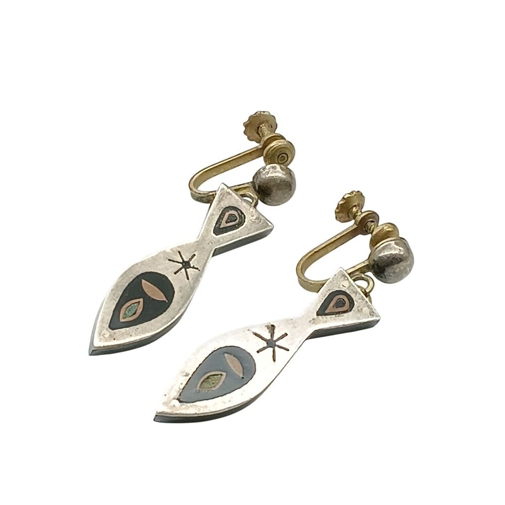 Vintage Sterling Silver Inlay Fish Earrings, Mid Century Modernist Mexico RHI